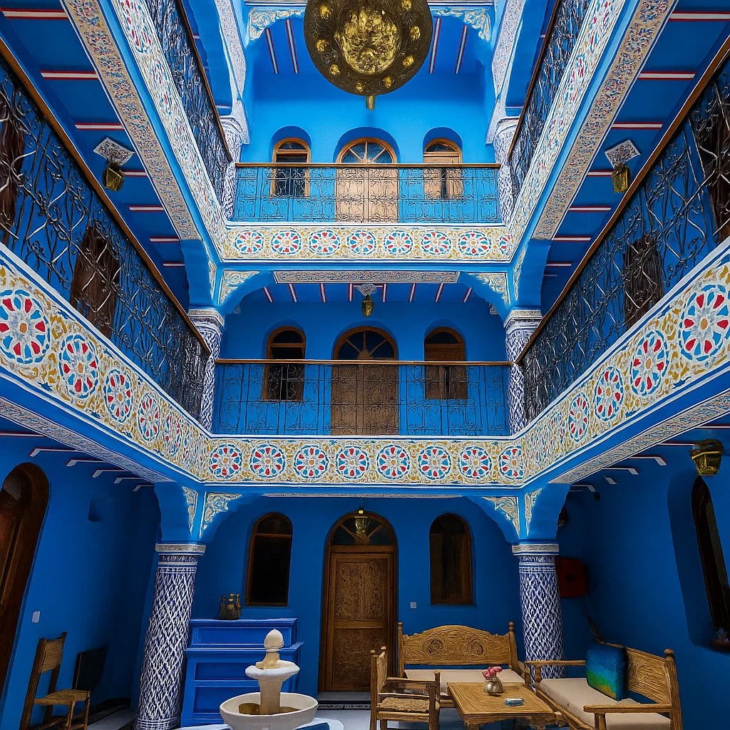 Chefchaouen rooftops with Rif Mountain backdrop at golden hour